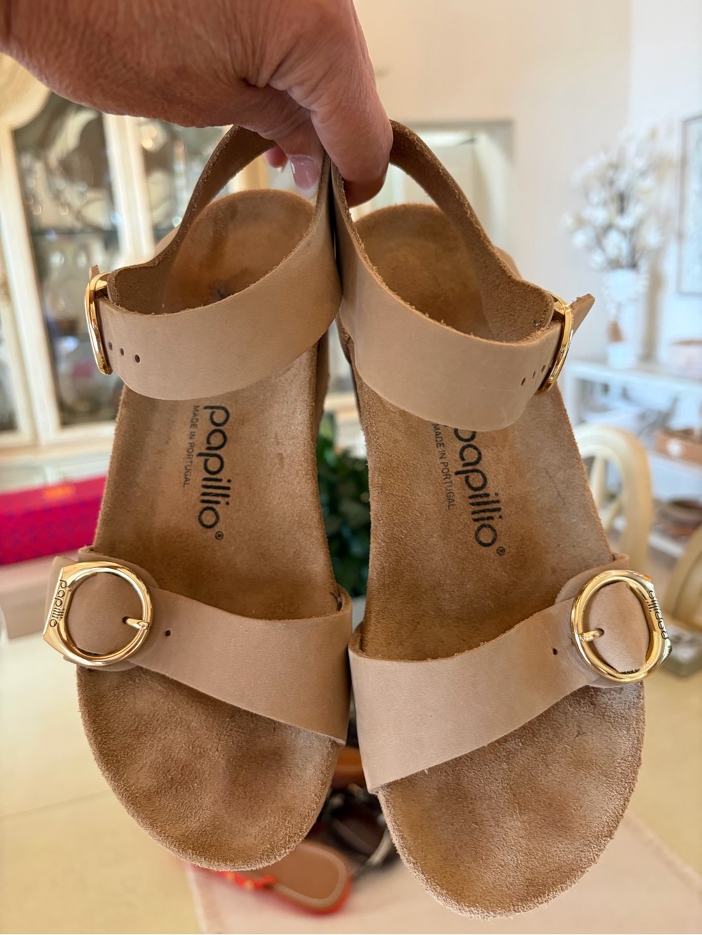 Papillio Tan Leather wedge Sandals with Gold Accents Womens Size 7